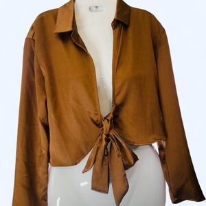 Chestnut Brown Blouse Tie Front Satin Texture S